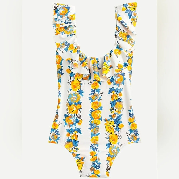 J. Crew Swim J. Crew Ruffle Scoop-Back One-Piece In Blossom Stripe Size 16 - Picture 1 of 6